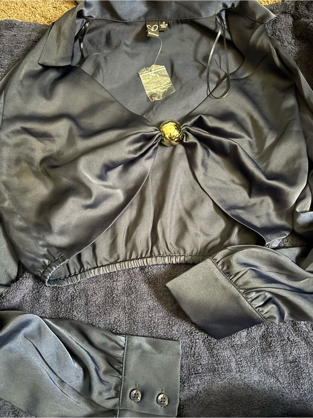 Windsor Blue Satin Cropped Shirt with Gold Orb Detail